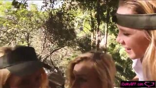 Group of naughty camp counselors lesbian session outdoors