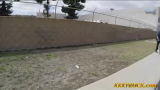 Brunette girl got her car towed and offered a nice blowjob