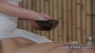 Muscled guy fucks busty brunette masseuse
