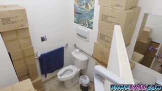 Redheaded babe in the restroom sucking the pawnman's dick 