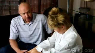 Lucky perv gets massage from big boobed stepcousin
