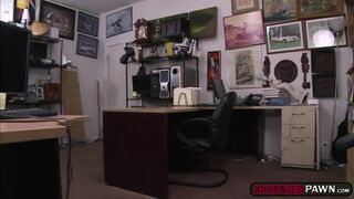 A hot sexy brunette gets her pussy fucked hardcore in the pawnshop