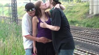 Pretty teen girl in a PUBLIC gang bang in broad daylight