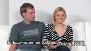 Blonde female agent interviews couple