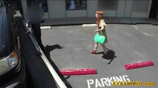 Redhead chick sucks off tow truck drivers dick in the car