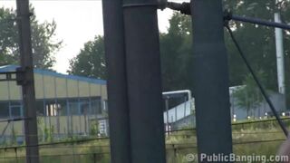 Blonde teen girl in railroad PUBLIC orgy gang bang in broad daylight