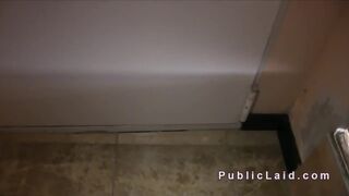 Euro blonde bangs in public hallway