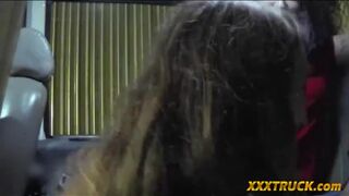 Two babes gives the driver a BJ and one of them get fuck