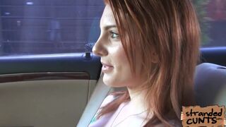 Stranded redheaded teen Rainia Belle sucks and fucks in the car