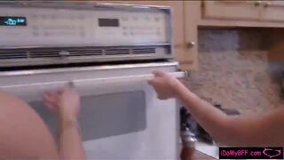 Two sexy cuties shared a lucky hard cock in the kitchen