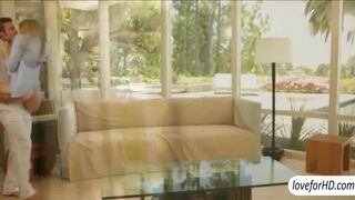 Slim blonde beauty Avril Hall loves erotic sex on the couch