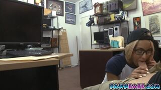 A happily married blonde lets the pawnman pound her pussy for her ring