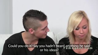 Blonde sucks cock in front of agent