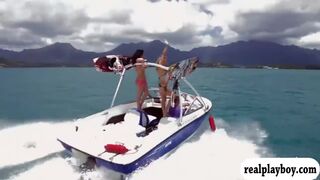 Curvy huge boobs babes enjoying kite surfing while naked