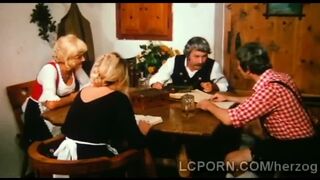 Farm old man pleases younger blondie on his dining table