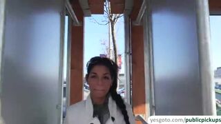 Sexy brunette babe Nancy reveals her perfect tits in a parking lot