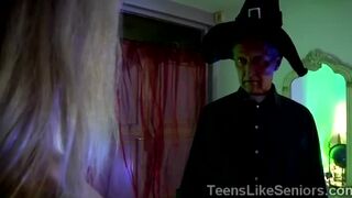 Sweet blonde witch gets on her knees to blow an old dick