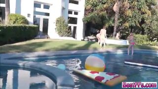 Lovely teens skinny dipping in a pool gets filmed usind drone