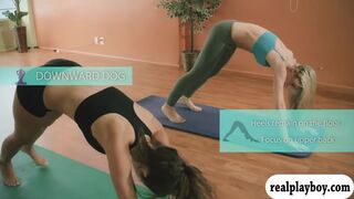 Khloe Terae teaches some yoga techniques with two women