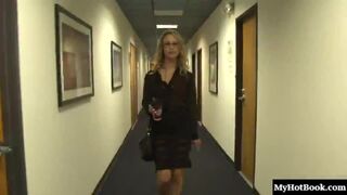 Charley Monroe is a long, blonde haired secretary, whos wearing her glasses while