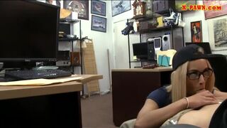 Cute blonde babe in glasses gets fucked at the pawnshop