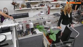 Hot blonde milf gives a BJ and screwed in storage room