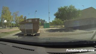 Porta Gloryhole hot teen swallows cum from strangers in parking lot