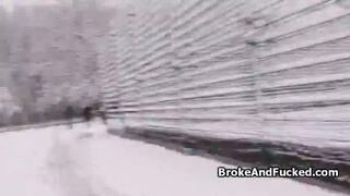 Broke bigtit fucks on stairway for money