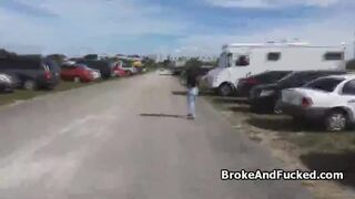 Drilling huge titty ebony in parking lot