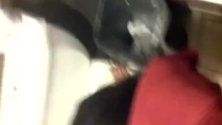 Brunette has doggystyle fuck in a public restroom