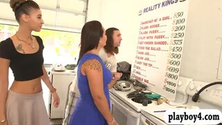 Two pretty bitches flashed their boobs for some money