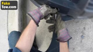 Sexy blonde blowjobs a big cock in a tow truck