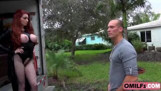 Trashing pussy of a redhead of big tits.