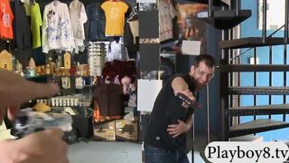 Two blonde MILFs flashed boobs in local store for money