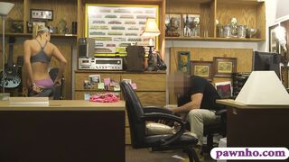 Blonde babe convinced to fuck pawn guy in his pawnshop