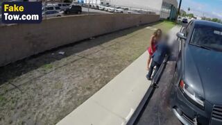 Beautiful teen blows big cock in the car