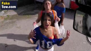 Slim chick in stockings is fucked in tow truck