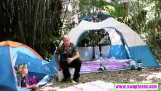 Two teen babes enjoyed nasty foursome in the camp site