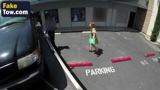 Pretty ginger girl blows big cock in the car and gets mouth fucked
