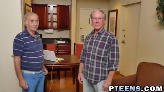 Sexy brunette teen gets shared between two horny grandpas