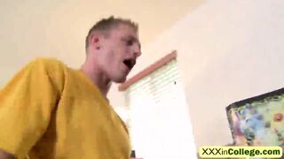Stunning black coed passionately rides white dick during sex party