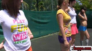 Horny pledges make out with the sisters in tennis field