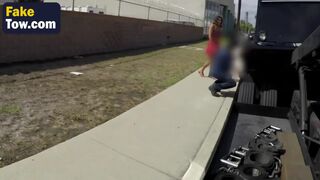 Slutty young brunette seduces tow truck diver and sucks his dick