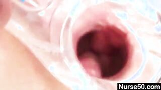 Busty  Head Nurse Stretches Pussy On Gyne Chair