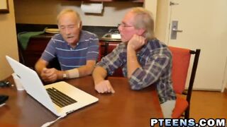 Two horny old studs share one petite brunette and young pussy
