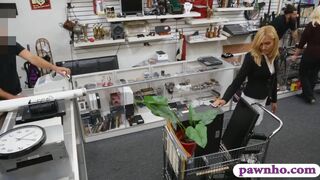 Hot blonde milf railed by pawn keeper in storage room