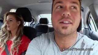 Cute blonde teen sucks huge dick in bushes