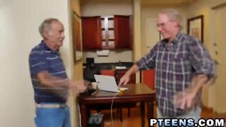 Teen gets serious with two senior cocks in full POV mode