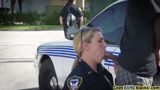 Blonde police officer with hot booty fucks in threesome with her busty colleague and some black guy