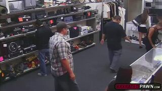 Slutty brunette babe fucked in the pawnshop for cash